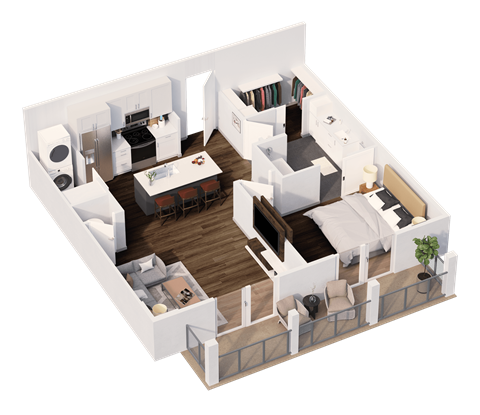 Floor plan for 1 bed, 1 bath, 765 sqft